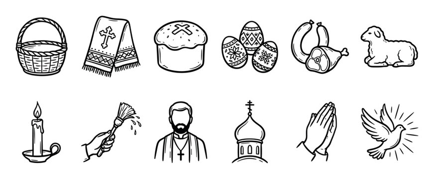 Set of black and white Easter icons showing traditional religious symbols like paska bread, pysanky eggs, a lamb, and a church in a simple hand-drawn doodle style