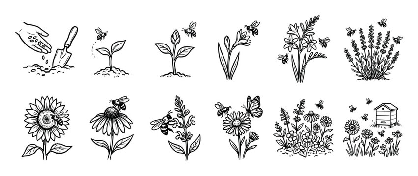 Hand drawn collection of gardening, plant, and bee illustrations depicting growth, pollination, and nature in a charming, rustic sketch style with clear, bold lines