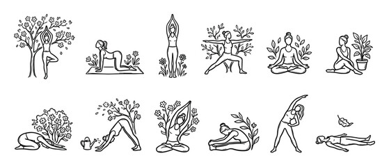 Ten hand-drawn line art illustrations of women performing various yoga poses, gracefully integrated with natural elements like trees and flowers, conveying a sense of peace and wellness