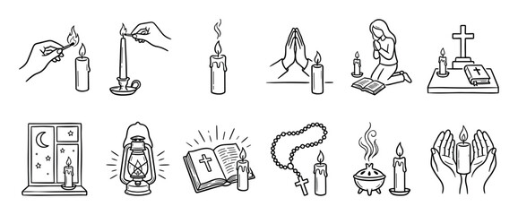 Obraz premium Diverse black and white line art religious symbols and spiritual elements are depicted in a doodle style, illustrating prayer, faith, and contemplation with candles, crosses, and Bibles