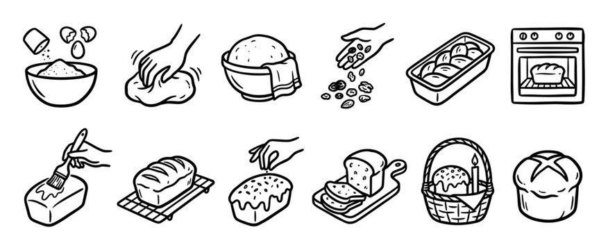 Comprehensive collection of hand-drawn baking process icons illustrating various steps from mixing ingredients and kneading dough to baking fresh bread and decorating pastries