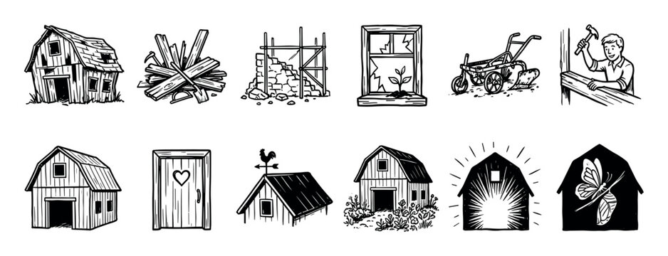 Collection of rustic hand-drawn illustrations depicting various farm and construction elements, including barns, tools, and building processes, all rendered in a charming vintage woodcut style