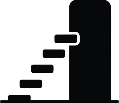 Staircase icon with black silhouette and white outline on steps, leading up to a tall rectangular structure with flat top, modern minimalistic design