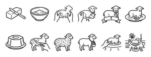 Fototapeta premium Set of hand-drawn Easter lamb icons depicting traditional holiday symbols for Christian celebration, including butter lamb, cake, sheep, and festive dinner table elements in a minimalist art style
