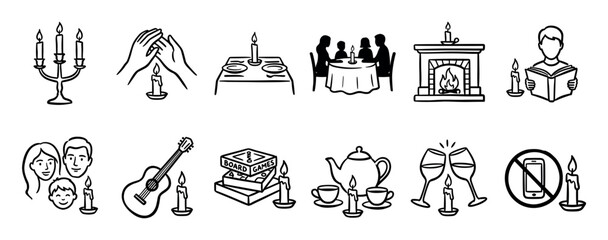 Obraz premium Set of hand-drawn black line art icons illustrating cozy home activities and a digital detox lifestyle with candlelight, family dinner, reading, and board games