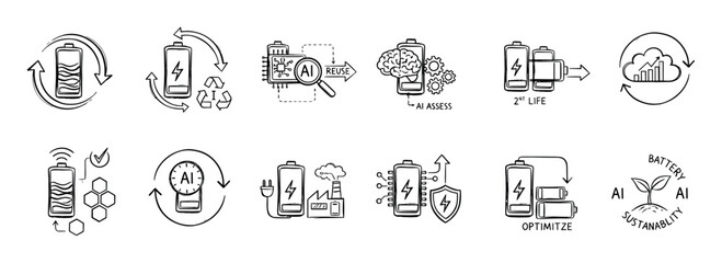 Hand-drawn doodle icon set illustrating battery recycling, reuse, and AI-powered sustainability, with sketches depicting the lifecycle, second life, optimization, and green energy management