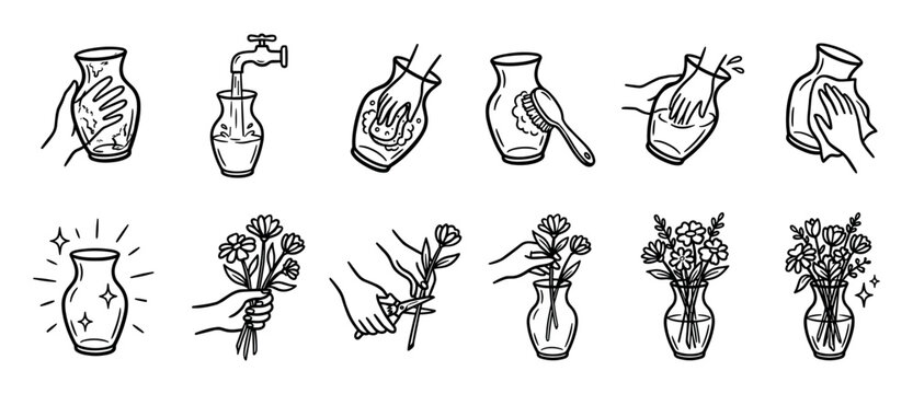 Hand drawn icon set showing flower arrangement and vase care instructions in a simple black and white line art doodle style for a tutorial or guide