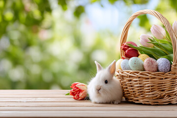 Beautiful holiday background with a wooden textured table and a basket with Easter eggs and flowers, featuring a cute fluffy bunny, with copy space
