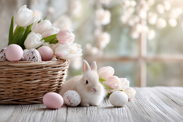 Beautiful holiday background with a wooden textured table and a basket with Easter eggs and flowers, featuring a cute fluffy bunny, with copy space