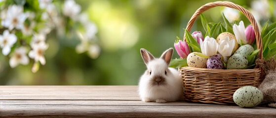 Beautiful holiday background with a wooden textured table and a basket with Easter eggs and flowers, featuring a cute fluffy bunny, with copy space