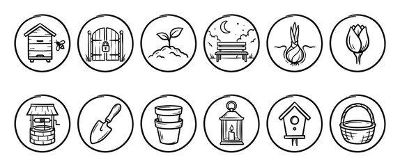 Fototapeta premium Set of twelve hand-drawn gardening icons featuring a beehive, sprout, lantern, well, and other rustic outdoor elements in a simple black and white line art doodle style