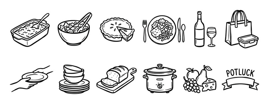 Hand-drawn potluck dinner food and drink icons featuring a casserole, pie, salad, wine, and slow cooker in a simple black and white doodle style illustration set