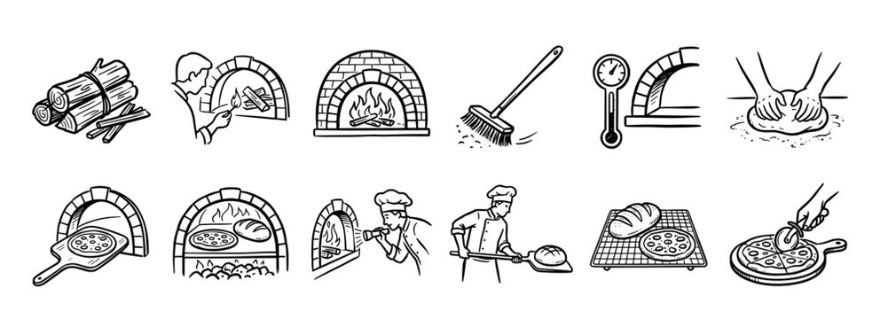 Hand-drawn icon set illustrating the traditional pizza and bread making process with a wood-fired oven, showing a baker kneading dough, using a peel, and slicing the final product