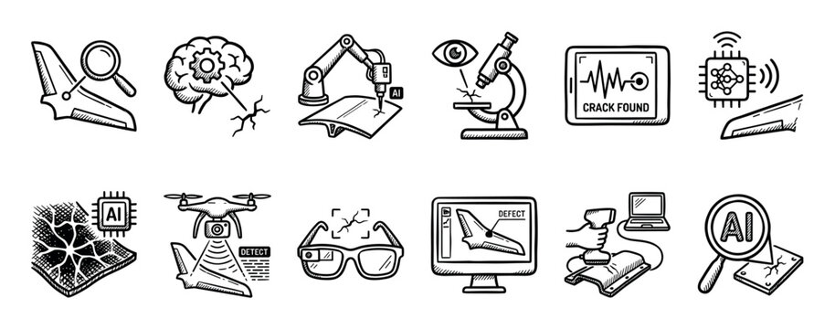 Hand-drawn icon set illustrating defect detection technology with AI, drones, robotics, and sensors for quality control inspection, presented in a black and white sketch doodle style