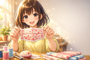 Smiling Girl Showing Handmade Floral Fabric Mask in Warm Spring Light
、花柄の手作りマスクを持つ女の子 暖かな室内のハンドクラフトシーン
