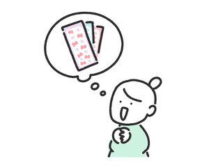 カラフルなシールのことを考える笑顔の女性と吹き出しのかわいい線画