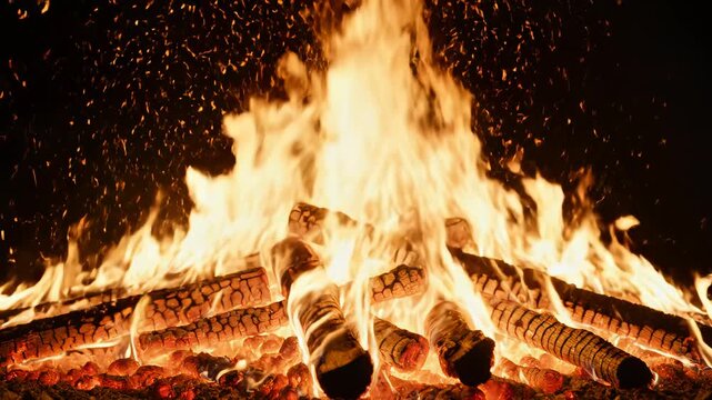 Burning firewood with flames