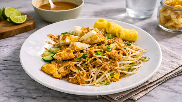 Hidangan nabati sehat dari sayuran kukus dan tahu dengan bumbu kacang. Kuliner Asia bergizi untuk konsep diet vegetarian.