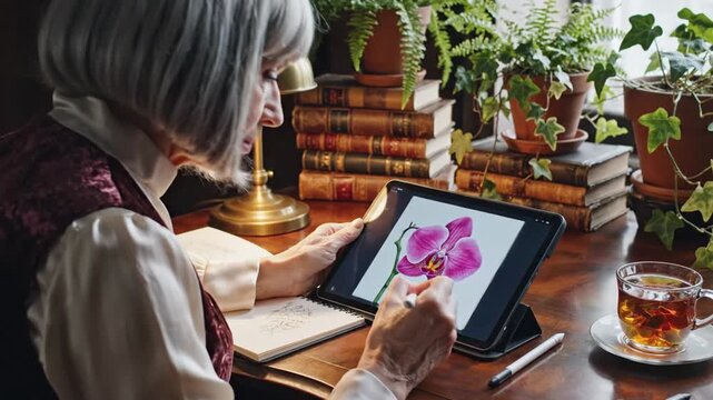 An elderly person paints on a tablet at a desk, surrounded by plants and old books