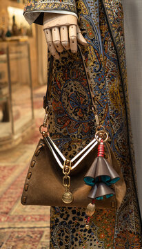 Etro brown suede Vela bag with threaded detailing along the edges and metal tag with Pegaso logo. Milan - Italy, 31 January 2026