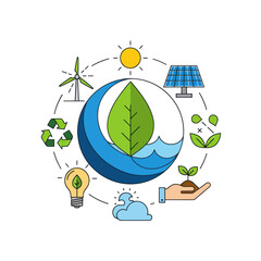 Circular diagram of green energy and nature elements