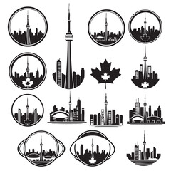 Fototapeta premium Set of Toronto Skyline Silhouettes with Maple Leaf Symbol Vector Illustration