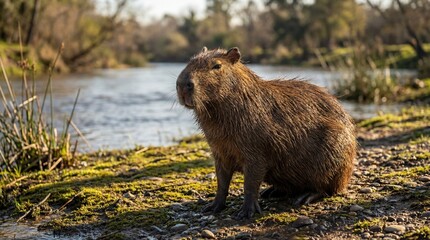 Capybara in serene natural habitat with warm sunlight on mossy riverbank for wildlife conservation