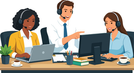 Obraz premium Business Customer Service Team Flat Vector Illustration featuring Diverse Support Agents with Headsets and Digital Communication Symbols for Corporate Help Desk and Global Assistance Design