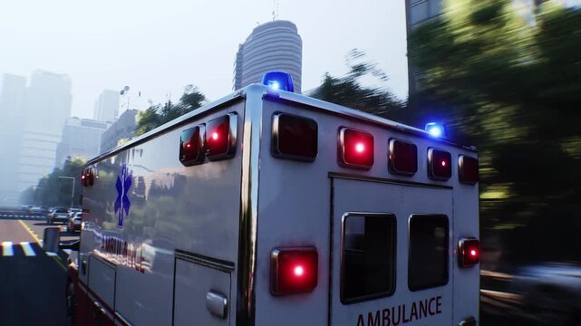 An ambulance driving fast on a city street. Realistic 4k animation.