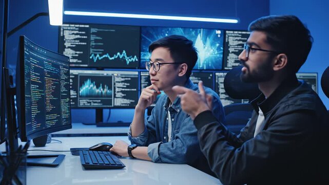 Two men working on computer code