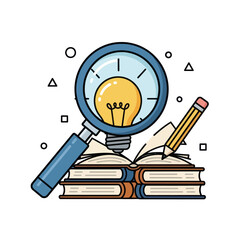 Magnifying glass with light bulb above open book and pencil