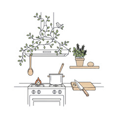 Line art kitchen illustration with stove, herbs, and bird