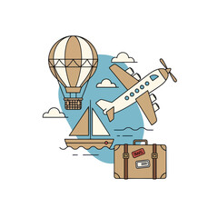 Minimalist travel icons with hot air balloon, airplane, boat, luggage