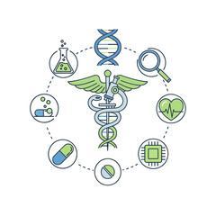 Medical science technology concept with Caduceus and healthcare icons