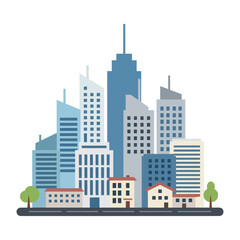 Modern flat design city skyline illustration with buildings and houses