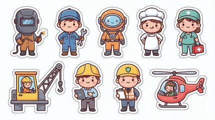 Fototapeta premium Cartoon Character Set Diverse Blue Collar Occupations on White Background