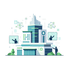 Modern hospital building with digital healthcare network and data interfaces