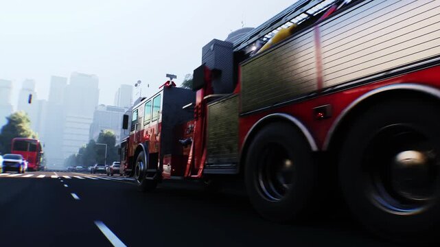 An fire engine, fire rescue driving fast on a city street. Realistic 4k animation.