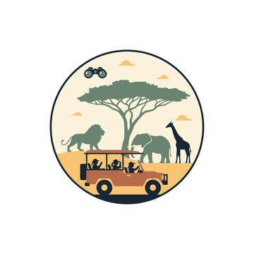 Safari jeep with tourists viewing wildlife under an acacia tree