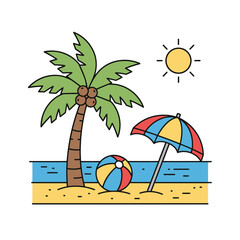 Summer beach scene illustration with palm tree and umbrella