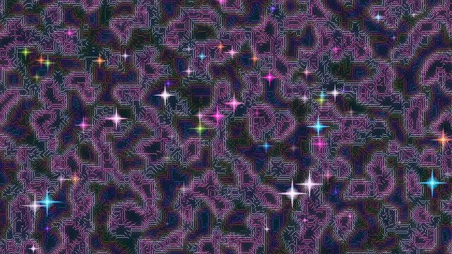 Vibrant stars and sparkles scattered across a dark, swirling purple pattern viewed from directly above