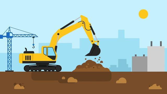 An excavator digging earth at a construction site with a crane and buildings in the background.