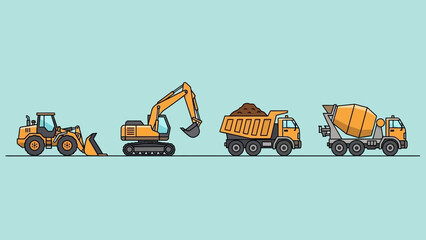 Illustration of construction vehicles including a bulldozer, excavator, dump truck, and concrete mixer. © Ambon