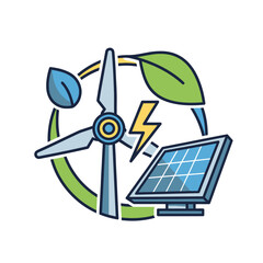 Wind turbine, solar panel, leaves, and lightning bolt icon