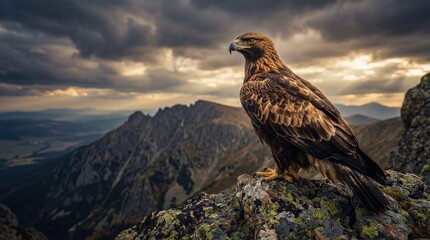 Golden Eagle on Rocky Outcrop in Dramatic Cloudy Sky with Warm Golden Lighting for Wildlife Conservation