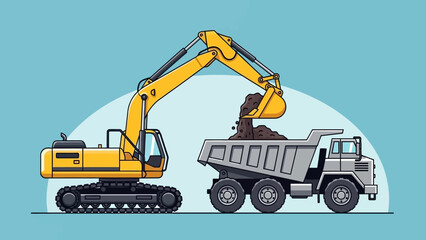 An excavator loading a dump truck with soil, illustrating construction and earthmoving activities. © Ambon