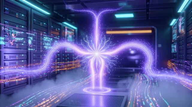 Fractal bloom core digital energy glowing data neural network cyber light server room quantum stream futuristic vortex technology abstract digital