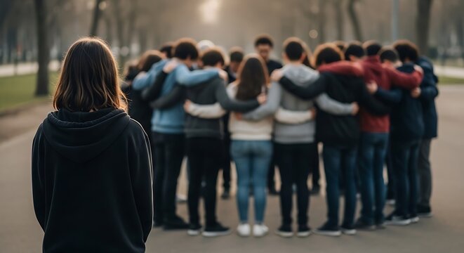 Woman alone watching group of people with arms around each other outdoors