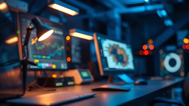 A technical workspace featuring abstract digital elements and glowing lights in an atmospheric blue setting.