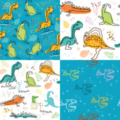 Dinosaurs, set. A collection of seamless patterns with hand drawn dinosaurs. A bright children's background for fabric and textiles. © lulya